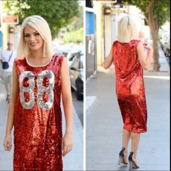 Liquor N Poker Sequin Dress 12 Red/Silver Sleeveless Football Jersey Midi 88 - Picture 3 of 12